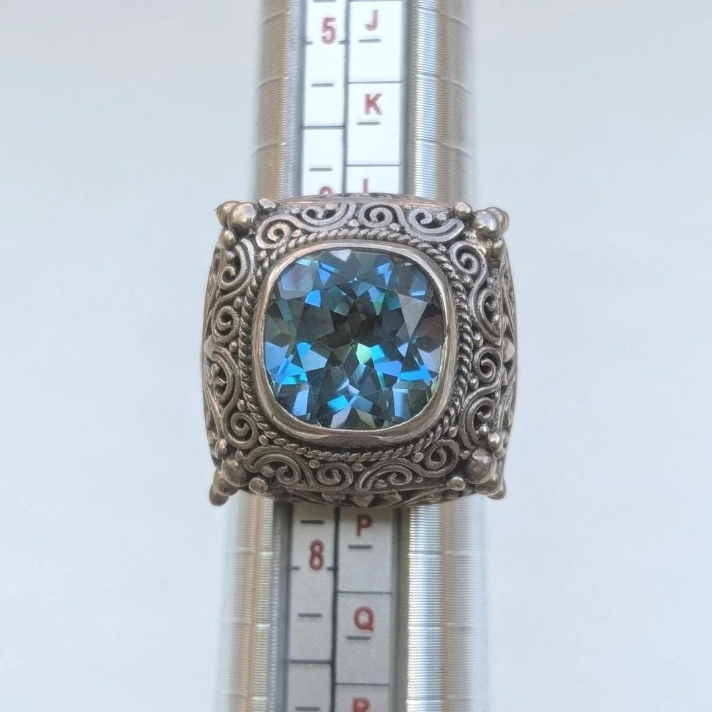 Sarda Sterling Silver 925 Blue Topaz Filigree Bali‎ Scroll Cocktail Ring Size 7
